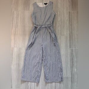 Tahari Blue White Pinstripe Linen Blend Jumpsuit 4 | Wide Leg Belted Pockets